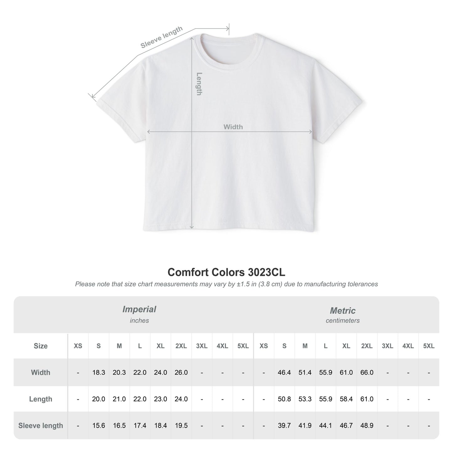 White t-shirt with measurement lines and size chart on a white background