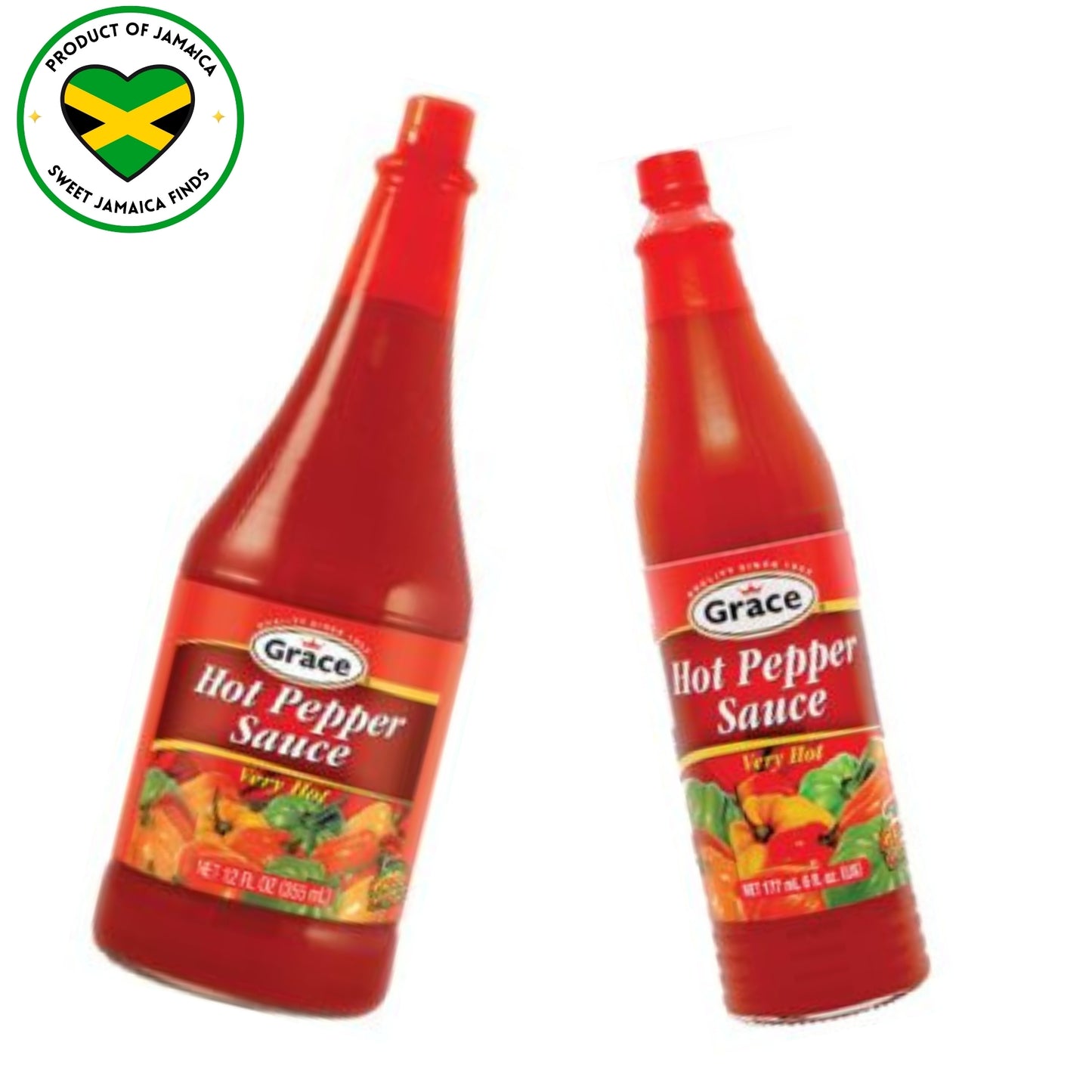 Grace Hot Pepper Sauce Jamaican product in two different size glass bottles
