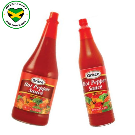 Grace Hot Pepper Sauce Jamaican product in two different size glass bottles