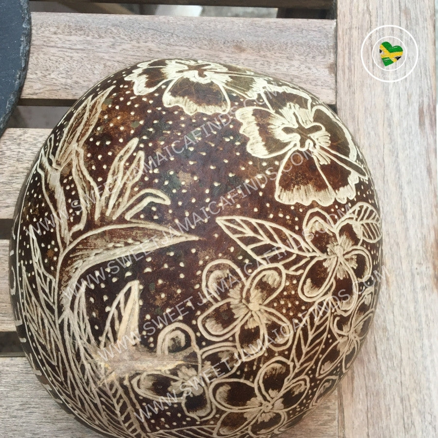 Calabash Bowl Plate, 'Tropical Flowers' Design, Natural eco-friendly wooden bowl, Hand Carved