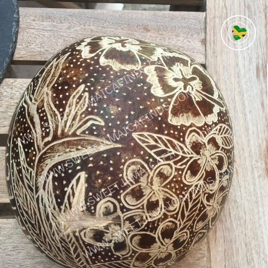 Calabash Bowl Plate, 'Tropical Flowers' Design, Natural eco-friendly wooden bowl, Hand Carved