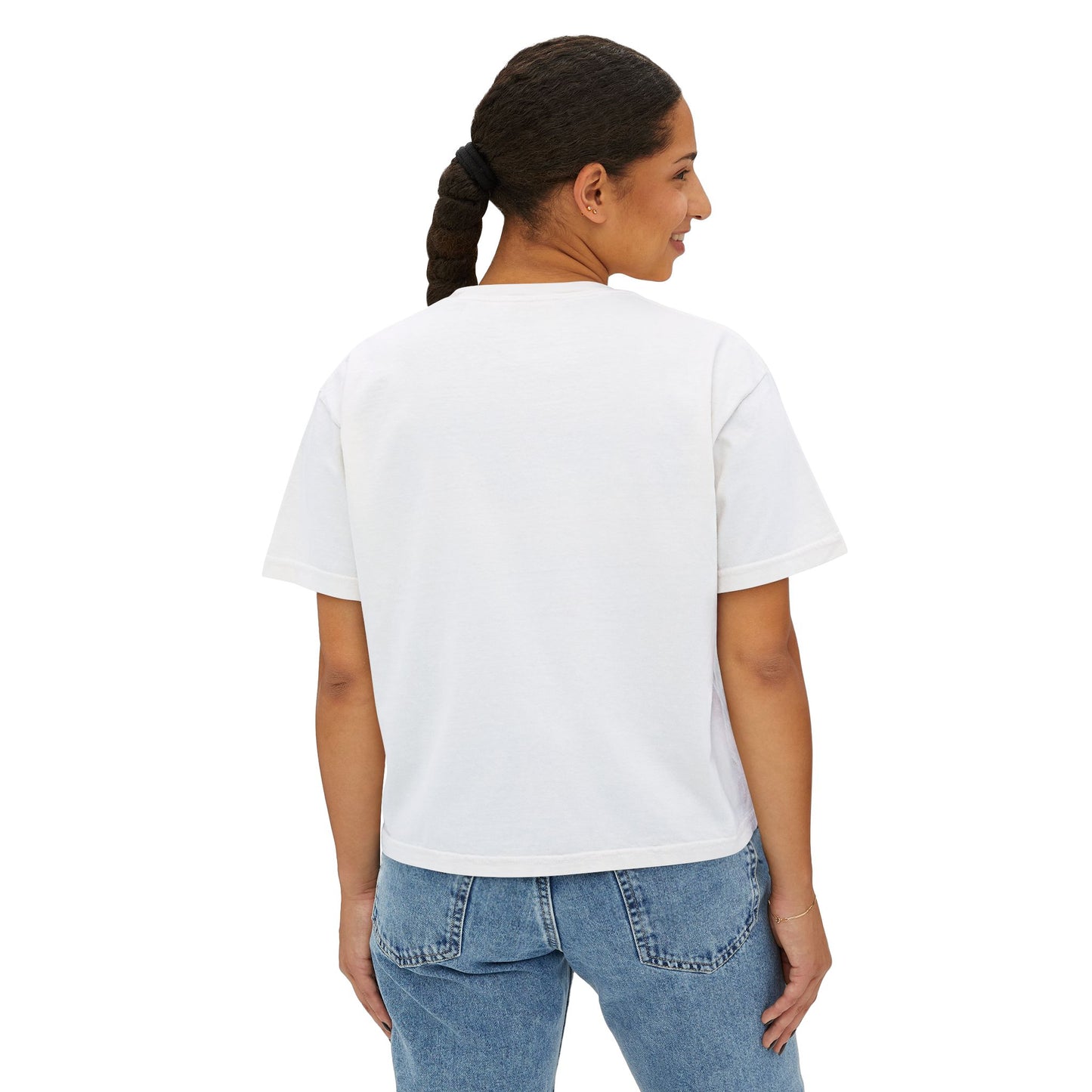 Person wearing a white t-shirt and blue jeans on a white background