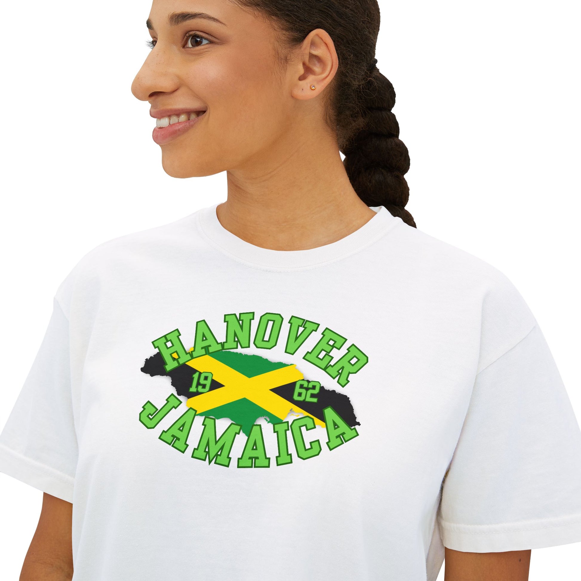 Close up of woman wearing a white t-shirt with 'Hanover Jamaica 1962' design