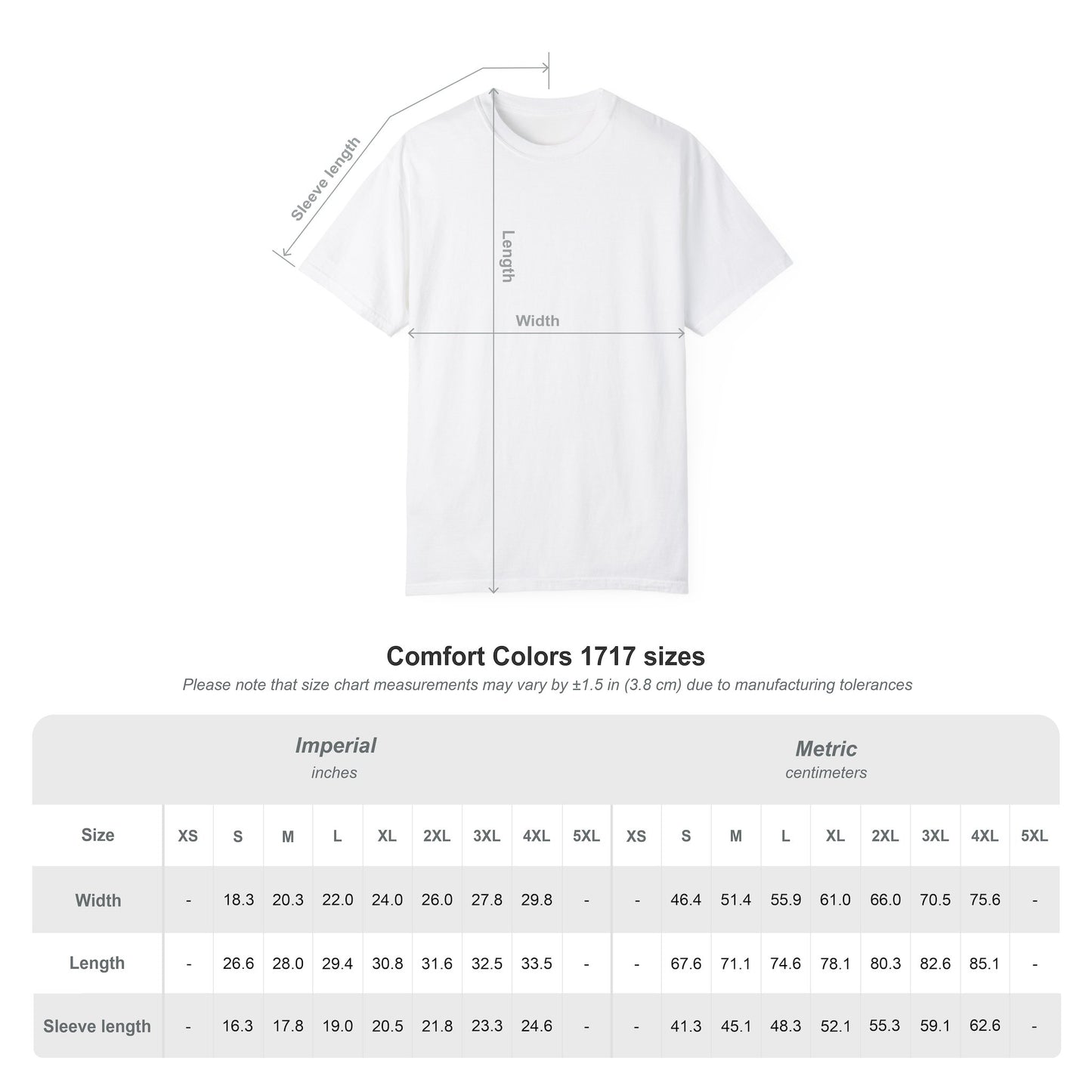 White T-shirt with Measurement Chart