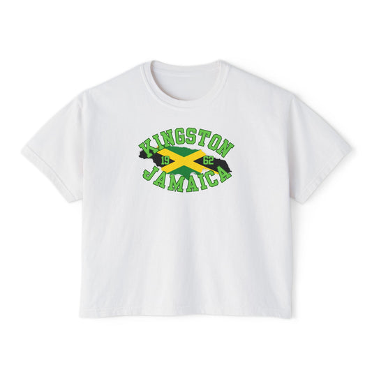 White t-shirt with 'Kingston Jamaica' text and Jamaican flag design on a white background