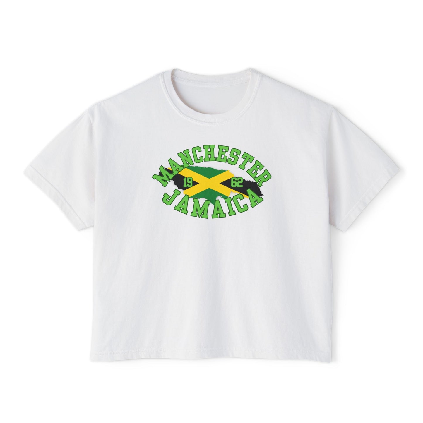 White t-shirt with 'Manchester Jamaica' design featuring a flag on a white background