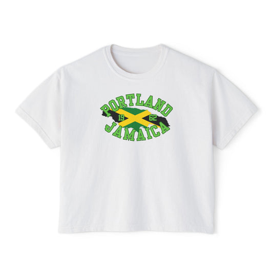 White t-shirt with 'Portland Jamaica' text and Jamaican flag design on a white background