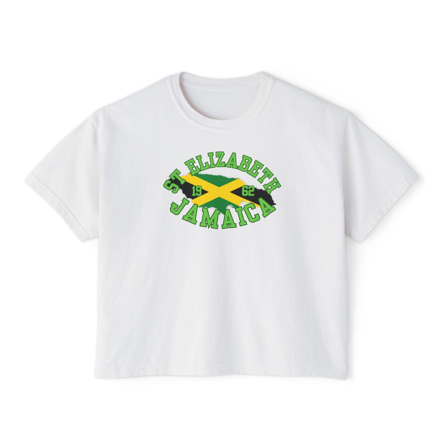 White t-shirt with 'St. Elizabeth Jamaica' design featuring a flag on a white background