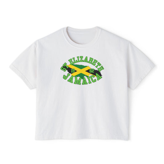 White t-shirt with 'St. Elizabeth Jamaica' design featuring a flag on a white background