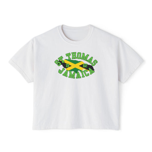 White t-shirt with 'St. Thomas Jamaica' text and flag design on a white background