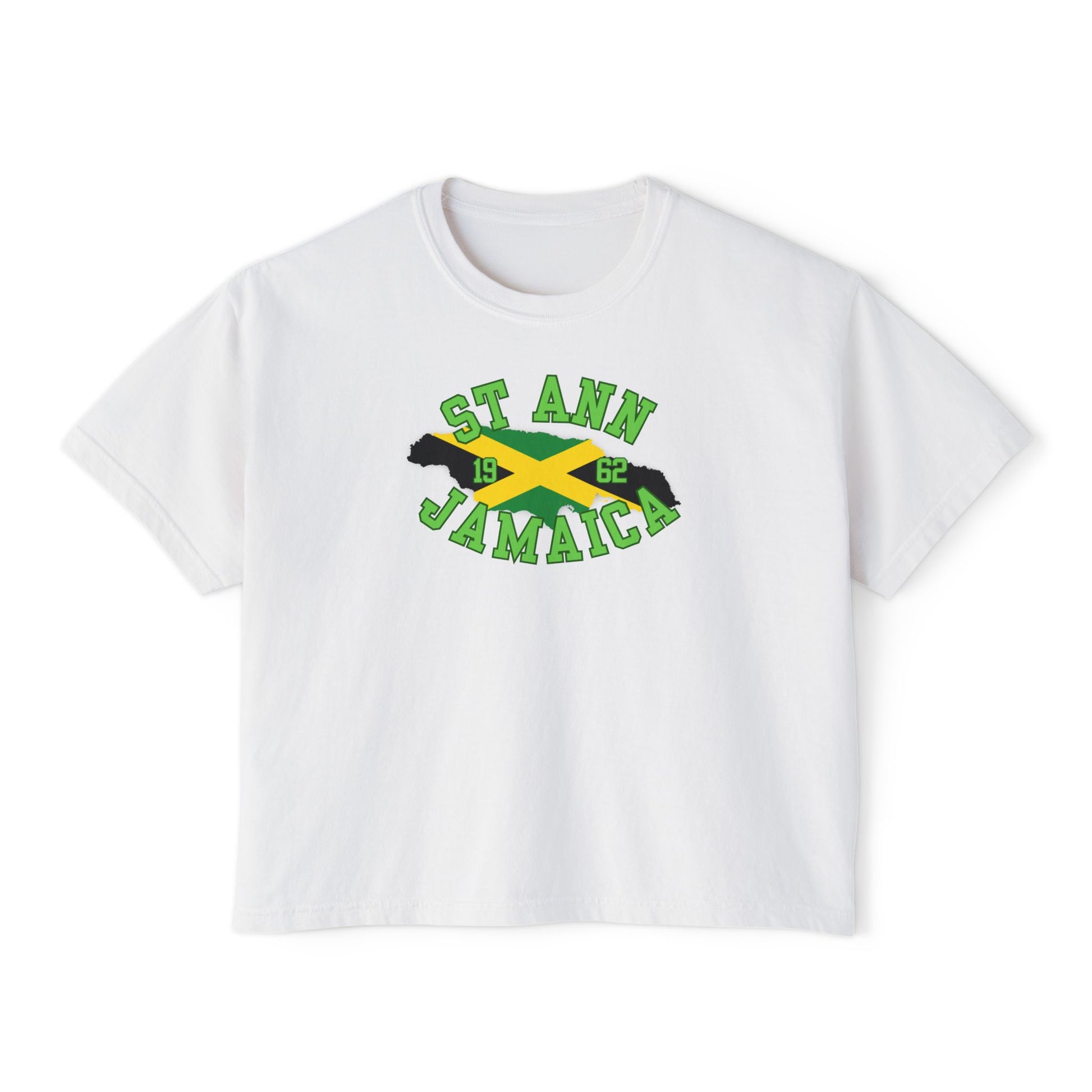 White t-shirt with 'St Ann Jamaica' text and Jamaican flag design on a white background
