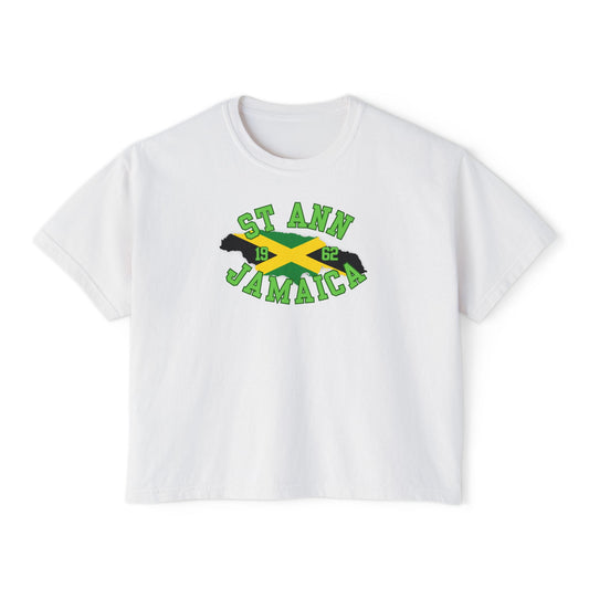 White t-shirt with 'St Ann Jamaica' text and Jamaican flag design on a white background