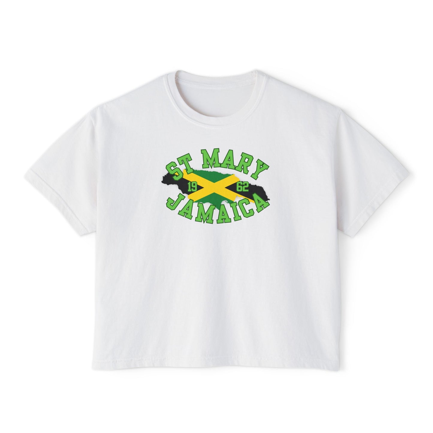 White t-shirt with 'St Mary Jamaica' text and flag design on a white background