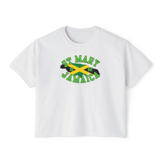 White t-shirt with 'St Mary Jamaica' text and flag design on a white background