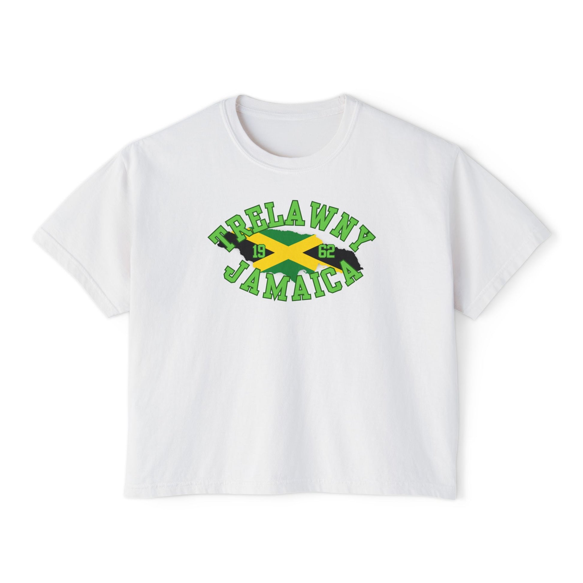 White t-shirt with 'Trelawny Jamaica' text and Jamaican flag design on a white background