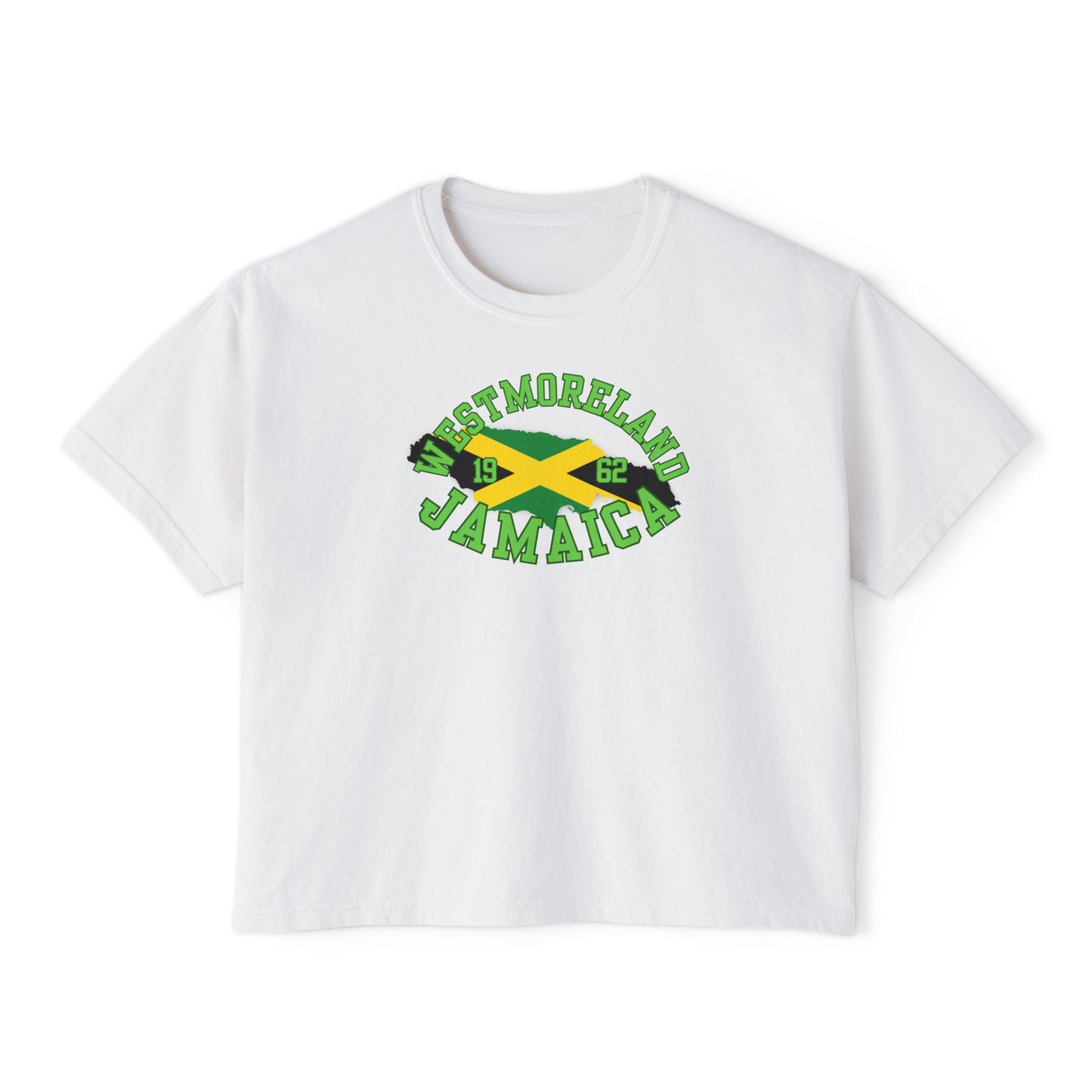 White t-shirt with 'Westmoreland Jamaica' text and flag design on a white background