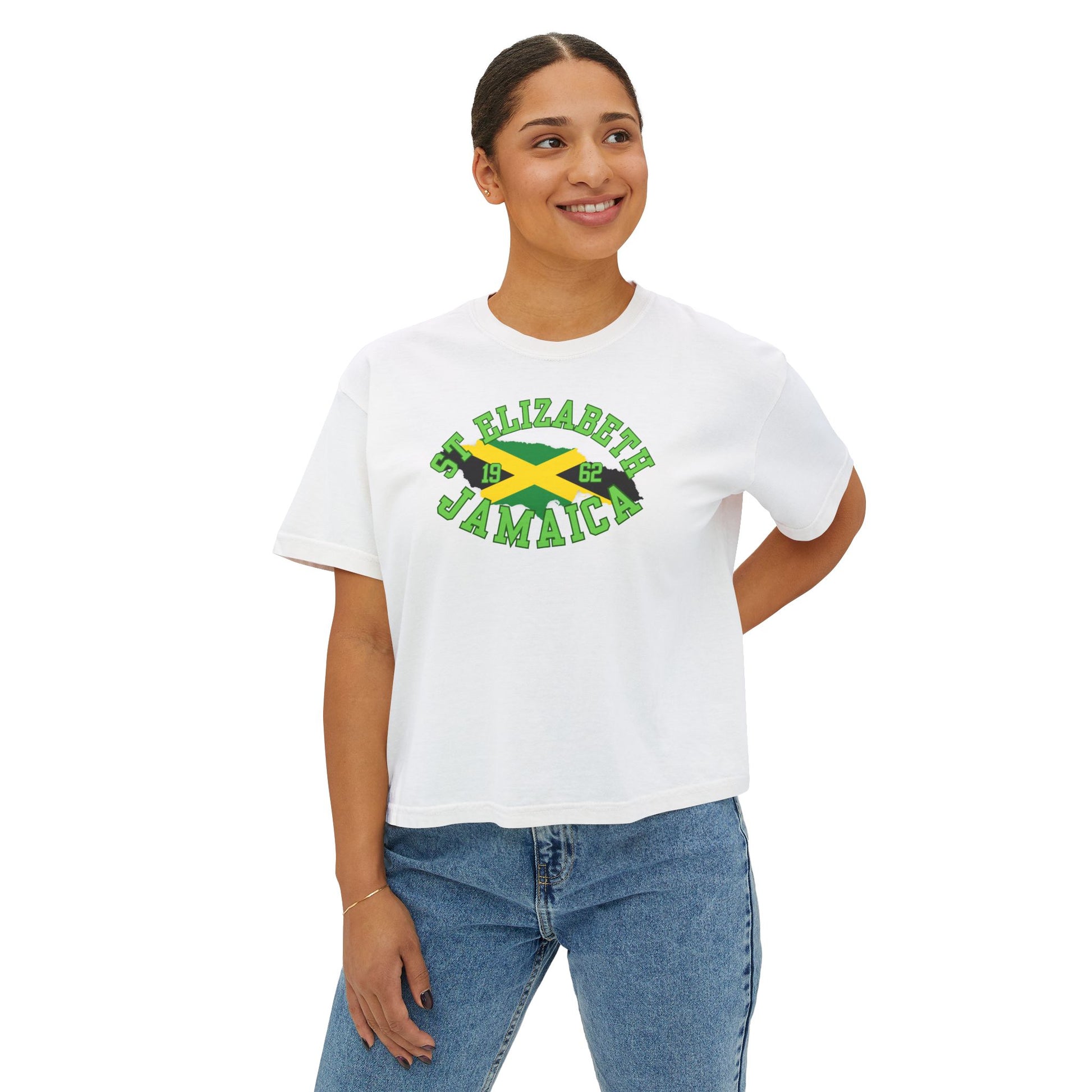 Woman posing in white t-shirt with 'St. Elizabeth Jamaica' design featuring a flag on a white background